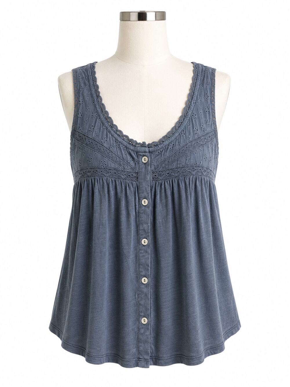 Lucky Brand Blue Lace Trim Button Front Tank Top - Size L - NWT